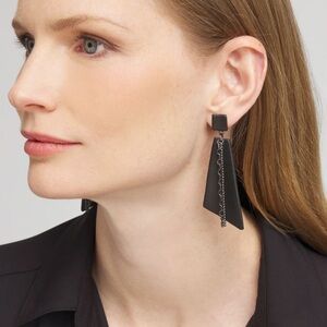 NWT CHICOS No Droop™ Leather & Chain Drop Earrings in Black & Silver